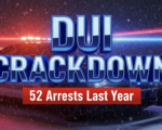 A viral, hyper-realistic YouTube thumbnail with a cinematic law-enforcement atmosphere. The background is a dark Colorado highway at night with heavy snow flurries and intense red-and-blue police light streaks cutting through the storm. The composition uses a dramatic low-angle shot to focus on the main subject: a menacing Colorado State Patrol Dodge Charger with full light bar blazing. The image features massive 3D typography with strict hierarchy: The Primary Text reads exactly: 'DUI CRACKDOWN'. This text is massive, the largest element in the frame, rendered in glowing police-blue chrome with emergency light reflections. The Secondary Text reads exactly: '52 Arrests Last Year'. This text is significantly smaller, positioned below the main text with a thick red warning-stripe border to contrast against the background. Make sure text 2 is always different theme, style, effect and border compared to text 1. The text materials correspond to the story's concept. Crucial Instruction: There is absolutely NO other text, numbers, watermarks, or subtitles in this image other than these two specific lines. 8k, Unreal Engine 5, cinematic render