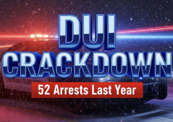 A viral, hyper-realistic YouTube thumbnail with a cinematic law-enforcement atmosphere. The background is a dark Colorado highway at night with heavy snow flurries and intense red-and-blue police light streaks cutting through the storm. The composition uses a dramatic low-angle shot to focus on the main subject: a menacing Colorado State Patrol Dodge Charger with full light bar blazing. The image features massive 3D typography with strict hierarchy: The Primary Text reads exactly: 'DUI CRACKDOWN'. This text is massive, the largest element in the frame, rendered in glowing police-blue chrome with emergency light reflections. The Secondary Text reads exactly: '52 Arrests Last Year'. This text is significantly smaller, positioned below the main text with a thick red warning-stripe border to contrast against the background. Make sure text 2 is always different theme, style, effect and border compared to text 1. The text materials correspond to the story's concept. Crucial Instruction: There is absolutely NO other text, numbers, watermarks, or subtitles in this image other than these two specific lines. 8k, Unreal Engine 5, cinematic render