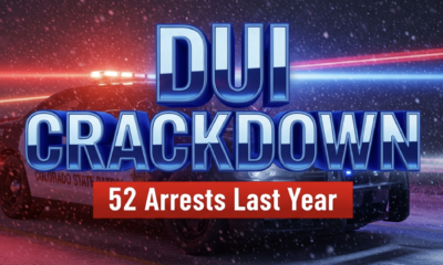 A viral, hyper-realistic YouTube thumbnail with a cinematic law-enforcement atmosphere. The background is a dark Colorado highway at night with heavy snow flurries and intense red-and-blue police light streaks cutting through the storm. The composition uses a dramatic low-angle shot to focus on the main subject: a menacing Colorado State Patrol Dodge Charger with full light bar blazing. The image features massive 3D typography with strict hierarchy: The Primary Text reads exactly: 'DUI CRACKDOWN'. This text is massive, the largest element in the frame, rendered in glowing police-blue chrome with emergency light reflections. The Secondary Text reads exactly: '52 Arrests Last Year'. This text is significantly smaller, positioned below the main text with a thick red warning-stripe border to contrast against the background. Make sure text 2 is always different theme, style, effect and border compared to text 1. The text materials correspond to the story's concept. Crucial Instruction: There is absolutely NO other text, numbers, watermarks, or subtitles in this image other than these two specific lines. 8k, Unreal Engine 5, cinematic render