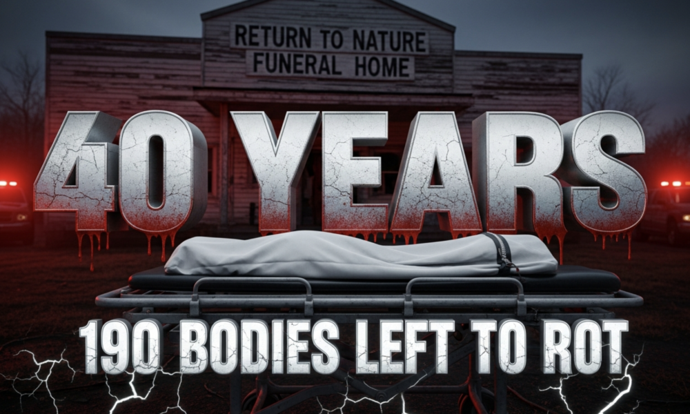 A viral, hyper-realistic YouTube thumbnail with a dark, somber crime documentary atmosphere. The background is the decaying facade of the Return to Nature Funeral Home building at dusk with emergency vehicle lights flashing red and blue across rotting wood and peeling paint. The composition uses a low-angle shot to focus on the main subject: a massive rusted morgue gurney abandoned in the foreground with a white body bag partially unzipped. The image features massive 3D typography with strict hierarchy: The Primary Text reads exactly: '40 YEARS'. This text is massive, the largest element in the frame, rendered in cold brushed steel with dripping blood-red edges to look like a high-budget 3D render. The Secondary Text reads exactly: '190 Bodies Left to Rot'. This text is significantly smaller, positioned below the main text. It features a thick, glowing white border with cracked texture to contrast against the dark background. Make sure text 2 is always different theme, style, effect and border compared to text 1. The text materials correspond to the story's concept. Crucial Instruction: There is absolutely NO other text, numbers, watermarks, or subtitles in this image other than these two specific lines. 8k, Unreal Engine 5, cinematic render.