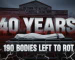 A viral, hyper-realistic YouTube thumbnail with a dark, somber crime documentary atmosphere. The background is the decaying facade of the Return to Nature Funeral Home building at dusk with emergency vehicle lights flashing red and blue across rotting wood and peeling paint. The composition uses a low-angle shot to focus on the main subject: a massive rusted morgue gurney abandoned in the foreground with a white body bag partially unzipped. The image features massive 3D typography with strict hierarchy: The Primary Text reads exactly: '40 YEARS'. This text is massive, the largest element in the frame, rendered in cold brushed steel with dripping blood-red edges to look like a high-budget 3D render. The Secondary Text reads exactly: '190 Bodies Left to Rot'. This text is significantly smaller, positioned below the main text. It features a thick, glowing white border with cracked texture to contrast against the dark background. Make sure text 2 is always different theme, style, effect and border compared to text 1. The text materials correspond to the story's concept. Crucial Instruction: There is absolutely NO other text, numbers, watermarks, or subtitles in this image other than these two specific lines. 8k, Unreal Engine 5, cinematic render.