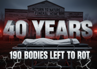 A viral, hyper-realistic YouTube thumbnail with a dark, somber crime documentary atmosphere. The background is the decaying facade of the Return to Nature Funeral Home building at dusk with emergency vehicle lights flashing red and blue across rotting wood and peeling paint. The composition uses a low-angle shot to focus on the main subject: a massive rusted morgue gurney abandoned in the foreground with a white body bag partially unzipped. The image features massive 3D typography with strict hierarchy: The Primary Text reads exactly: '40 YEARS'. This text is massive, the largest element in the frame, rendered in cold brushed steel with dripping blood-red edges to look like a high-budget 3D render. The Secondary Text reads exactly: '190 Bodies Left to Rot'. This text is significantly smaller, positioned below the main text. It features a thick, glowing white border with cracked texture to contrast against the dark background. Make sure text 2 is always different theme, style, effect and border compared to text 1. The text materials correspond to the story's concept. Crucial Instruction: There is absolutely NO other text, numbers, watermarks, or subtitles in this image other than these two specific lines. 8k, Unreal Engine 5, cinematic render.