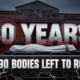 A viral, hyper-realistic YouTube thumbnail with a dark, somber crime documentary atmosphere. The background is the decaying facade of the Return to Nature Funeral Home building at dusk with emergency vehicle lights flashing red and blue across rotting wood and peeling paint. The composition uses a low-angle shot to focus on the main subject: a massive rusted morgue gurney abandoned in the foreground with a white body bag partially unzipped. The image features massive 3D typography with strict hierarchy: The Primary Text reads exactly: '40 YEARS'. This text is massive, the largest element in the frame, rendered in cold brushed steel with dripping blood-red edges to look like a high-budget 3D render. The Secondary Text reads exactly: '190 Bodies Left to Rot'. This text is significantly smaller, positioned below the main text. It features a thick, glowing white border with cracked texture to contrast against the dark background. Make sure text 2 is always different theme, style, effect and border compared to text 1. The text materials correspond to the story's concept. Crucial Instruction: There is absolutely NO other text, numbers, watermarks, or subtitles in this image other than these two specific lines. 8k, Unreal Engine 5, cinematic render.
