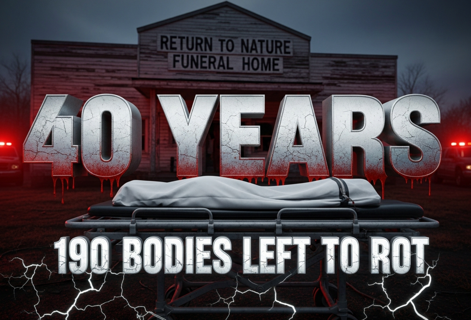 A viral, hyper-realistic YouTube thumbnail with a dark, somber crime documentary atmosphere. The background is the decaying facade of the Return to Nature Funeral Home building at dusk with emergency vehicle lights flashing red and blue across rotting wood and peeling paint. The composition uses a low-angle shot to focus on the main subject: a massive rusted morgue gurney abandoned in the foreground with a white body bag partially unzipped. The image features massive 3D typography with strict hierarchy: The Primary Text reads exactly: '40 YEARS'. This text is massive, the largest element in the frame, rendered in cold brushed steel with dripping blood-red edges to look like a high-budget 3D render. The Secondary Text reads exactly: '190 Bodies Left to Rot'. This text is significantly smaller, positioned below the main text. It features a thick, glowing white border with cracked texture to contrast against the dark background. Make sure text 2 is always different theme, style, effect and border compared to text 1. The text materials correspond to the story's concept. Crucial Instruction: There is absolutely NO other text, numbers, watermarks, or subtitles in this image other than these two specific lines. 8k, Unreal Engine 5, cinematic render.
