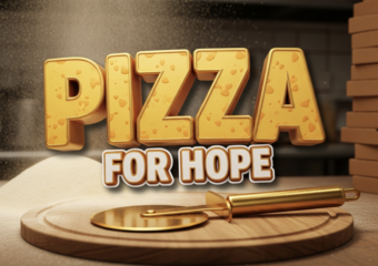 A viral, hyper-realistic YouTube thumbnail with a Heartwarming Community vibe atmosphere. The background is a bustling, warm commercial kitchen with flour dust in the air and stacks of pizza boxes. The composition uses a Dutch Angle to focus on the main subject: a Golden Pizza Cutter resting on a wooden board. The image features massive 3D typography with strict hierarchy: The Primary Text reads exactly: 'PIZZA'. This text is massive, the largest element in the frame, rendered in Melting Cheese Gold to look like a high-budget 3D render. The Secondary Text reads exactly: 'FOR HOPE'. This text is significantly smaller, positioned below the main text. It features a thick, distinct white border outline sticker style to contrast against the background. Make sure text 2 is always different theme, style, effect and border compared to text 1. The text materials correspond to the story's concept.6 Crucial Instruction: There is absolutely NO other text, numbers, watermarks, or subtitles in this image other than these two specific lines. 8k, Unreal Engine 5, cinematic render.