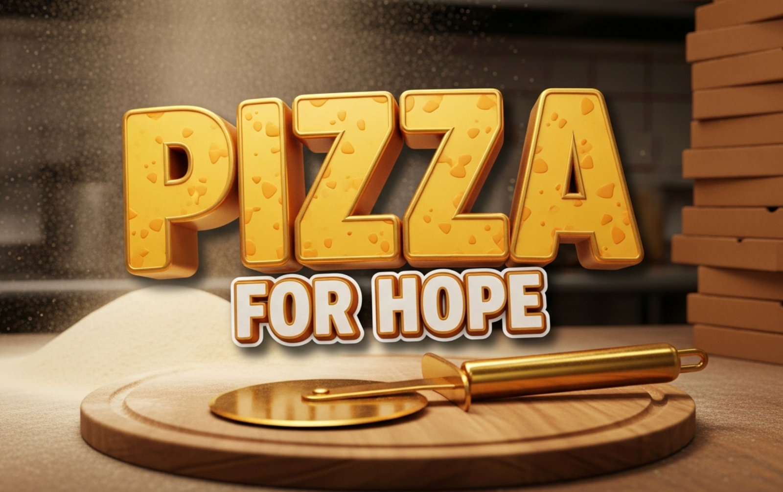A viral, hyper-realistic YouTube thumbnail with a Heartwarming Community vibe atmosphere. The background is a bustling, warm commercial kitchen with flour dust in the air and stacks of pizza boxes. The composition uses a Dutch Angle to focus on the main subject: a Golden Pizza Cutter resting on a wooden board. The image features massive 3D typography with strict hierarchy: The Primary Text reads exactly: 'PIZZA'. This text is massive, the largest element in the frame, rendered in Melting Cheese Gold to look like a high-budget 3D render. The Secondary Text reads exactly: 'FOR HOPE'. This text is significantly smaller, positioned below the main text. It features a thick, distinct white border outline sticker style to contrast against the background. Make sure text 2 is always different theme, style, effect and border compared to text 1. The text materials correspond to the story's concept.6 Crucial Instruction: There is absolutely NO other text, numbers, watermarks, or subtitles in this image other than these two specific lines. 8k, Unreal Engine 5, cinematic render.
