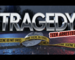 A viral, hyper-realistic YouTube thumbnail with a Crime Noir atmosphere. The background is a dim, wet suburban street at night with flashing blue and red police lights reflecting on the pavement. The composition uses a Low Angle to focus on the main subject: a detailed Faceless Police Badge and Caution Tape. The image features massive 3D typography with strict hierarchy: The Primary Text reads exactly: 'TRAGEDY'. This text is massive, the largest element in the frame, rendered in Chrome to look like a high-budget 3D render. The Secondary Text reads exactly: 'TEEN ARRESTED'. This text is significantly smaller, positioned below or next to the main text. It features a thick, distinct red border/outline (sticker style) to contrast against the background. Make sure text 2 is always different theme, style, effect and border compared to text 1.