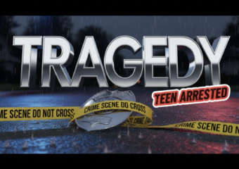 A viral, hyper-realistic YouTube thumbnail with a Crime Noir atmosphere. The background is a dim, wet suburban street at night with flashing blue and red police lights reflecting on the pavement. The composition uses a Low Angle to focus on the main subject: a detailed Faceless Police Badge and Caution Tape. The image features massive 3D typography with strict hierarchy: The Primary Text reads exactly: 'TRAGEDY'. This text is massive, the largest element in the frame, rendered in Chrome to look like a high-budget 3D render. The Secondary Text reads exactly: 'TEEN ARRESTED'. This text is significantly smaller, positioned below or next to the main text. It features a thick, distinct red border/outline (sticker style) to contrast against the background. Make sure text 2 is always different theme, style, effect and border compared to text 1.