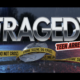 A viral, hyper-realistic YouTube thumbnail with a Crime Noir atmosphere. The background is a dim, wet suburban street at night with flashing blue and red police lights reflecting on the pavement. The composition uses a Low Angle to focus on the main subject: a detailed Faceless Police Badge and Caution Tape. The image features massive 3D typography with strict hierarchy: The Primary Text reads exactly: 'TRAGEDY'. This text is massive, the largest element in the frame, rendered in Chrome to look like a high-budget 3D render. The Secondary Text reads exactly: 'TEEN ARRESTED'. This text is significantly smaller, positioned below or next to the main text. It features a thick, distinct red border/outline (sticker style) to contrast against the background. Make sure text 2 is always different theme, style, effect and border compared to text 1.