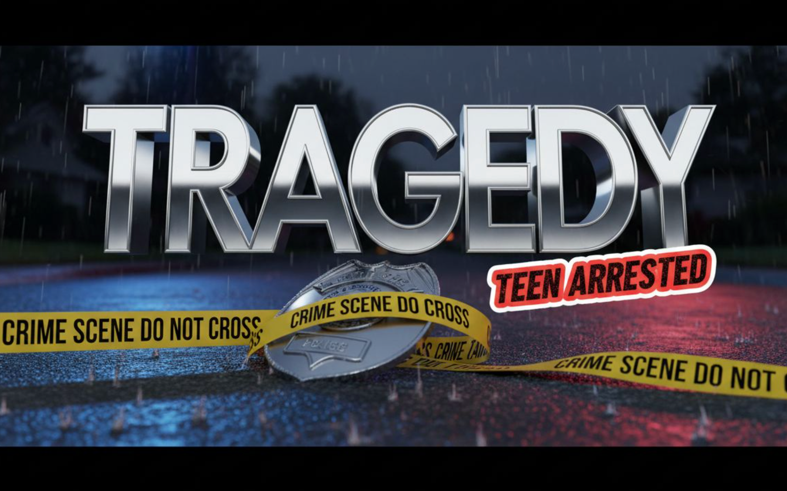 A viral, hyper-realistic YouTube thumbnail with a Crime Noir atmosphere. The background is a dim, wet suburban street at night with flashing blue and red police lights reflecting on the pavement. The composition uses a Low Angle to focus on the main subject: a detailed Faceless Police Badge and Caution Tape. The image features massive 3D typography with strict hierarchy: The Primary Text reads exactly: 'TRAGEDY'. This text is massive, the largest element in the frame, rendered in Chrome to look like a high-budget 3D render. The Secondary Text reads exactly: 'TEEN ARRESTED'. This text is significantly smaller, positioned below or next to the main text. It features a thick, distinct red border/outline (sticker style) to contrast against the background. Make sure text 2 is always different theme, style, effect and border compared to text 1.