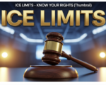 A viral, hyper-realistic YouTube thumbnail with a tense but hopeful News atmosphere. The background is a blurred, high-end convention center stage with warm spotlighting. The composition uses a Low Angle to focus on the main subject: a detailed Faceless Wooden Gavel resting on a podium. The image features massive 3D typography with strict hierarchy: The Primary Text reads exactly: 'ICE LIMITS'. This text is massive, the largest element in the frame, rendered in Gold to look like a high-budget 3D render. The Secondary Text reads exactly: 'KNOW YOUR RIGHTS'. This text is significantly smaller, positioned below the main text. It features a thick, distinct white border/outline (sticker style) to contrast against the background. Make sure text 2 is always different theme, style, effect and border compared to text 1. The text materials correspond to the story's concept. Crucial Instruction: There is absolutely NO other text, numbers, watermarks, or subtitles in this image other than these two specific lines. 8k, Unreal Engine 5, cinematic render.
