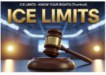A viral, hyper-realistic YouTube thumbnail with a tense but hopeful News atmosphere. The background is a blurred, high-end convention center stage with warm spotlighting. The composition uses a Low Angle to focus on the main subject: a detailed Faceless Wooden Gavel resting on a podium. The image features massive 3D typography with strict hierarchy: The Primary Text reads exactly: 'ICE LIMITS'. This text is massive, the largest element in the frame, rendered in Gold to look like a high-budget 3D render. The Secondary Text reads exactly: 'KNOW YOUR RIGHTS'. This text is significantly smaller, positioned below the main text. It features a thick, distinct white border/outline (sticker style) to contrast against the background. Make sure text 2 is always different theme, style, effect and border compared to text 1. The text materials correspond to the story's concept. Crucial Instruction: There is absolutely NO other text, numbers, watermarks, or subtitles in this image other than these two specific lines. 8k, Unreal Engine 5, cinematic render.