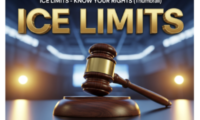 A viral, hyper-realistic YouTube thumbnail with a tense but hopeful News atmosphere. The background is a blurred, high-end convention center stage with warm spotlighting. The composition uses a Low Angle to focus on the main subject: a detailed Faceless Wooden Gavel resting on a podium. The image features massive 3D typography with strict hierarchy: The Primary Text reads exactly: 'ICE LIMITS'. This text is massive, the largest element in the frame, rendered in Gold to look like a high-budget 3D render. The Secondary Text reads exactly: 'KNOW YOUR RIGHTS'. This text is significantly smaller, positioned below the main text. It features a thick, distinct white border/outline (sticker style) to contrast against the background. Make sure text 2 is always different theme, style, effect and border compared to text 1. The text materials correspond to the story's concept. Crucial Instruction: There is absolutely NO other text, numbers, watermarks, or subtitles in this image other than these two specific lines. 8k, Unreal Engine 5, cinematic render.