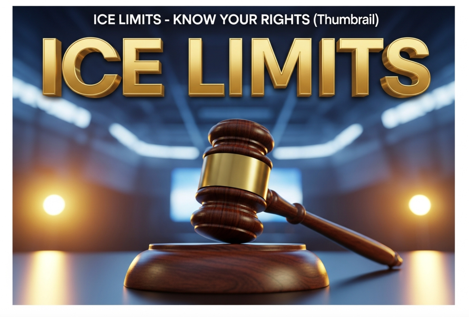 A viral, hyper-realistic YouTube thumbnail with a tense but hopeful News atmosphere. The background is a blurred, high-end convention center stage with warm spotlighting. The composition uses a Low Angle to focus on the main subject: a detailed Faceless Wooden Gavel resting on a podium. The image features massive 3D typography with strict hierarchy: The Primary Text reads exactly: 'ICE LIMITS'. This text is massive, the largest element in the frame, rendered in Gold to look like a high-budget 3D render. The Secondary Text reads exactly: 'KNOW YOUR RIGHTS'. This text is significantly smaller, positioned below the main text. It features a thick, distinct white border/outline (sticker style) to contrast against the background. Make sure text 2 is always different theme, style, effect and border compared to text 1. The text materials correspond to the story's concept. Crucial Instruction: There is absolutely NO other text, numbers, watermarks, or subtitles in this image other than these two specific lines. 8k, Unreal Engine 5, cinematic render.