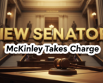 A viral, hyper-realistic YouTube thumbnail with a Legislative News atmosphere. The background is a blurred, majestic interior of the Indiana Statehouse with warm, golden lighting. The composition uses a Low Angle to focus on the main subject: a detailed Faceless Gavel resting on a wooden desk. The image features massive 3D typography with strict hierarchy: The Primary Text reads exactly: 'NEW SENATOR'. This text is massive, the largest element in the frame, rendered in Gold to look like a high-budget 3D render. The Secondary Text reads exactly: 'McKinley Takes Charge'. This text is significantly smaller, positioned below the main text. It features a thick, distinct white border/outline (sticker style) to contrast against the background. Make sure text 2 is always different theme, style, effect and border compared to text 1.