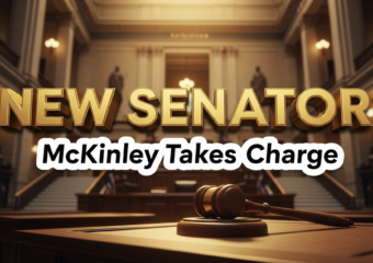 A viral, hyper-realistic YouTube thumbnail with a Legislative News atmosphere. The background is a blurred, majestic interior of the Indiana Statehouse with warm, golden lighting. The composition uses a Low Angle to focus on the main subject: a detailed Faceless Gavel resting on a wooden desk. The image features massive 3D typography with strict hierarchy: The Primary Text reads exactly: 'NEW SENATOR'. This text is massive, the largest element in the frame, rendered in Gold to look like a high-budget 3D render. The Secondary Text reads exactly: 'McKinley Takes Charge'. This text is significantly smaller, positioned below the main text. It features a thick, distinct white border/outline (sticker style) to contrast against the background. Make sure text 2 is always different theme, style, effect and border compared to text 1.