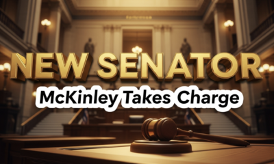 A viral, hyper-realistic YouTube thumbnail with a Legislative News atmosphere. The background is a blurred, majestic interior of the Indiana Statehouse with warm, golden lighting. The composition uses a Low Angle to focus on the main subject: a detailed Faceless Gavel resting on a wooden desk. The image features massive 3D typography with strict hierarchy: The Primary Text reads exactly: 'NEW SENATOR'. This text is massive, the largest element in the frame, rendered in Gold to look like a high-budget 3D render. The Secondary Text reads exactly: 'McKinley Takes Charge'. This text is significantly smaller, positioned below the main text. It features a thick, distinct white border/outline (sticker style) to contrast against the background. Make sure text 2 is always different theme, style, effect and border compared to text 1.