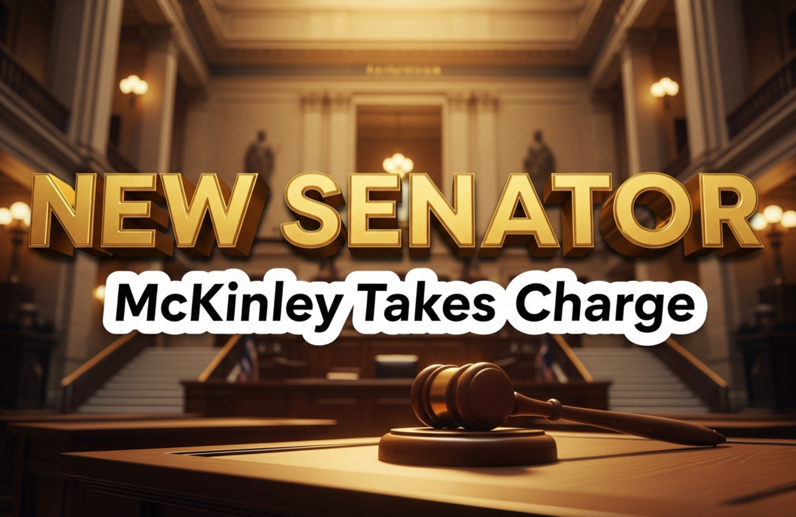 A viral, hyper-realistic YouTube thumbnail with a Legislative News atmosphere. The background is a blurred, majestic interior of the Indiana Statehouse with warm, golden lighting. The composition uses a Low Angle to focus on the main subject: a detailed Faceless Gavel resting on a wooden desk. The image features massive 3D typography with strict hierarchy: The Primary Text reads exactly: 'NEW SENATOR'. This text is massive, the largest element in the frame, rendered in Gold to look like a high-budget 3D render. The Secondary Text reads exactly: 'McKinley Takes Charge'. This text is significantly smaller, positioned below the main text. It features a thick, distinct white border/outline (sticker style) to contrast against the background. Make sure text 2 is always different theme, style, effect and border compared to text 1.