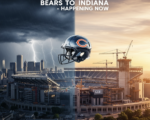 A viral, hyper-realistic YouTube thumbnail with a dramatic sports atmosphere. The background is a stormy Chicago skyline fading into a golden Indiana sunrise over a massive new NFL stadium under construction with cranes and scaffolding, shot from a dramatic low-angle perspective looking up to emphasize power and ambition. The main subject is a gleaming chrome Chicago Bears helmet floating centrally with subtle motion blur as if it's crossing the state line. The image features massive 3D typography with strict hierarchy: The Primary Text reads exactly: 'BEARS TO INDIANA'. This text is massive, the largest element in the frame, rendered in liquid chrome with electric blue glow edges like a high-budget 3D render. The Secondary Text reads exactly: 'HAPPENING NOW'. This text is significantly smaller, positioned bottom right with a thick red sticker-style border and white outline to pop against the background. There is absolutely NO other text, numbers, watermarks, or subtitles in this image other than these two specific lines. 8k, Unreal Engine 5, cinematic render.
