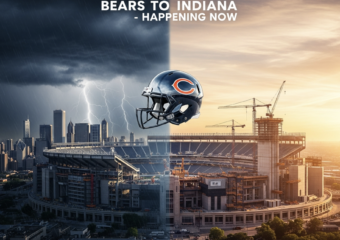A viral, hyper-realistic YouTube thumbnail with a dramatic sports atmosphere. The background is a stormy Chicago skyline fading into a golden Indiana sunrise over a massive new NFL stadium under construction with cranes and scaffolding, shot from a dramatic low-angle perspective looking up to emphasize power and ambition. The main subject is a gleaming chrome Chicago Bears helmet floating centrally with subtle motion blur as if it's crossing the state line. The image features massive 3D typography with strict hierarchy: The Primary Text reads exactly: 'BEARS TO INDIANA'. This text is massive, the largest element in the frame, rendered in liquid chrome with electric blue glow edges like a high-budget 3D render. The Secondary Text reads exactly: 'HAPPENING NOW'. This text is significantly smaller, positioned bottom right with a thick red sticker-style border and white outline to pop against the background. There is absolutely NO other text, numbers, watermarks, or subtitles in this image other than these two specific lines. 8k, Unreal Engine 5, cinematic render.