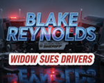 A viral, hyper-realistic YouTube thumbnail with a dark, somber, rainy highway atmosphere. The background is a rain-slicked Interstate 69 at night with blurred red and blue emergency lights reflecting off wet pavement and twisted metal wreckage. The composition uses a dramatic low-angle shot to focus on the main subject: a crushed, abandoned police SUV with Delaware County Sheriff markings sandwiched between two mangled semi trucks. The image features massive 3D typography with strict hierarchy: The Primary Text reads exactly: 'BLAKE REYNOLDS'. This text is massive, the largest element in the frame, rendered in glowing police-blue chrome with pulsing emergency light reflections to look like a high-budget 3D render. The Secondary Text reads exactly: 'WIDOW SUES DRIVERS'. This text is significantly smaller, positioned below the main text with a bold red sticker-style outline and white fill to contrast against the dark scene. Make sure text 2 is always different theme, style, effect and border compared to text 1. The text materials correspond to the story's concept. Crucial Instruction: There is absolutely NO other text, numbers, watermarks, or subtitles in this image other than these two specific lines. 8k, Unreal Engine 5, cinematic render.