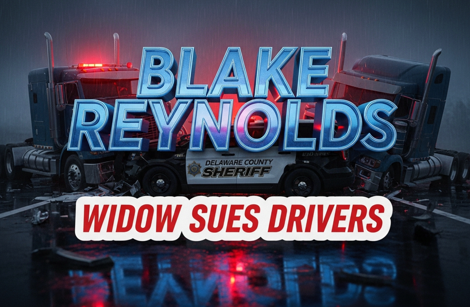 A viral, hyper-realistic YouTube thumbnail with a dark, somber, rainy highway atmosphere. The background is a rain-slicked Interstate 69 at night with blurred red and blue emergency lights reflecting off wet pavement and twisted metal wreckage. The composition uses a dramatic low-angle shot to focus on the main subject: a crushed, abandoned police SUV with Delaware County Sheriff markings sandwiched between two mangled semi trucks. The image features massive 3D typography with strict hierarchy: The Primary Text reads exactly: 'BLAKE REYNOLDS'. This text is massive, the largest element in the frame, rendered in glowing police-blue chrome with pulsing emergency light reflections to look like a high-budget 3D render. The Secondary Text reads exactly: 'WIDOW SUES DRIVERS'. This text is significantly smaller, positioned below the main text with a bold red sticker-style outline and white fill to contrast against the dark scene. Make sure text 2 is always different theme, style, effect and border compared to text 1. The text materials correspond to the story's concept. Crucial Instruction: There is absolutely NO other text, numbers, watermarks, or subtitles in this image other than these two specific lines. 8k, Unreal Engine 5, cinematic render.