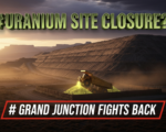 A viral, hyper-realistic YouTube thumbnail with a dramatic environmental-warning atmosphere. The background is a vast Western Colorado desert landscape at golden hour with distant Book Cliffs, subtle dust in the air, and a massive engineered disposal mound rising in the mid-ground under a brooding sky. The composition uses a low-angle cinematic shot to focus on the main subject: a large yellow dump truck unloading glowing yellowish tailings into the secured cell. The image features massive 3D typography with strict hierarchy: The Primary Text reads exactly: 'URANIUM SITE CLOSURE?'. This text is massive, the largest element in the frame, rendered in weathered radioactive-green chrome with subtle pulsing glow effect to look like a high-budget 3D render. The Secondary Text reads exactly: 'Grand Junction Fights Back'. This text is significantly smaller, positioned below the main text with thick red warning-style border and slight motion blur to contrast against the background. The text materials correspond to the story's concept. Crucial Instruction: There is absolutely NO other text, numbers, watermarks, or subtitles in this image other than these two specific lines. 8k, Unreal Engine 5, cinematic render.
