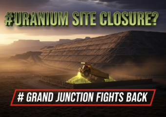 A viral, hyper-realistic YouTube thumbnail with a dramatic environmental-warning atmosphere. The background is a vast Western Colorado desert landscape at golden hour with distant Book Cliffs, subtle dust in the air, and a massive engineered disposal mound rising in the mid-ground under a brooding sky. The composition uses a low-angle cinematic shot to focus on the main subject: a large yellow dump truck unloading glowing yellowish tailings into the secured cell. The image features massive 3D typography with strict hierarchy: The Primary Text reads exactly: 'URANIUM SITE CLOSURE?'. This text is massive, the largest element in the frame, rendered in weathered radioactive-green chrome with subtle pulsing glow effect to look like a high-budget 3D render. The Secondary Text reads exactly: 'Grand Junction Fights Back'. This text is significantly smaller, positioned below the main text with thick red warning-style border and slight motion blur to contrast against the background. The text materials correspond to the story's concept. Crucial Instruction: There is absolutely NO other text, numbers, watermarks, or subtitles in this image other than these two specific lines. 8k, Unreal Engine 5, cinematic render.