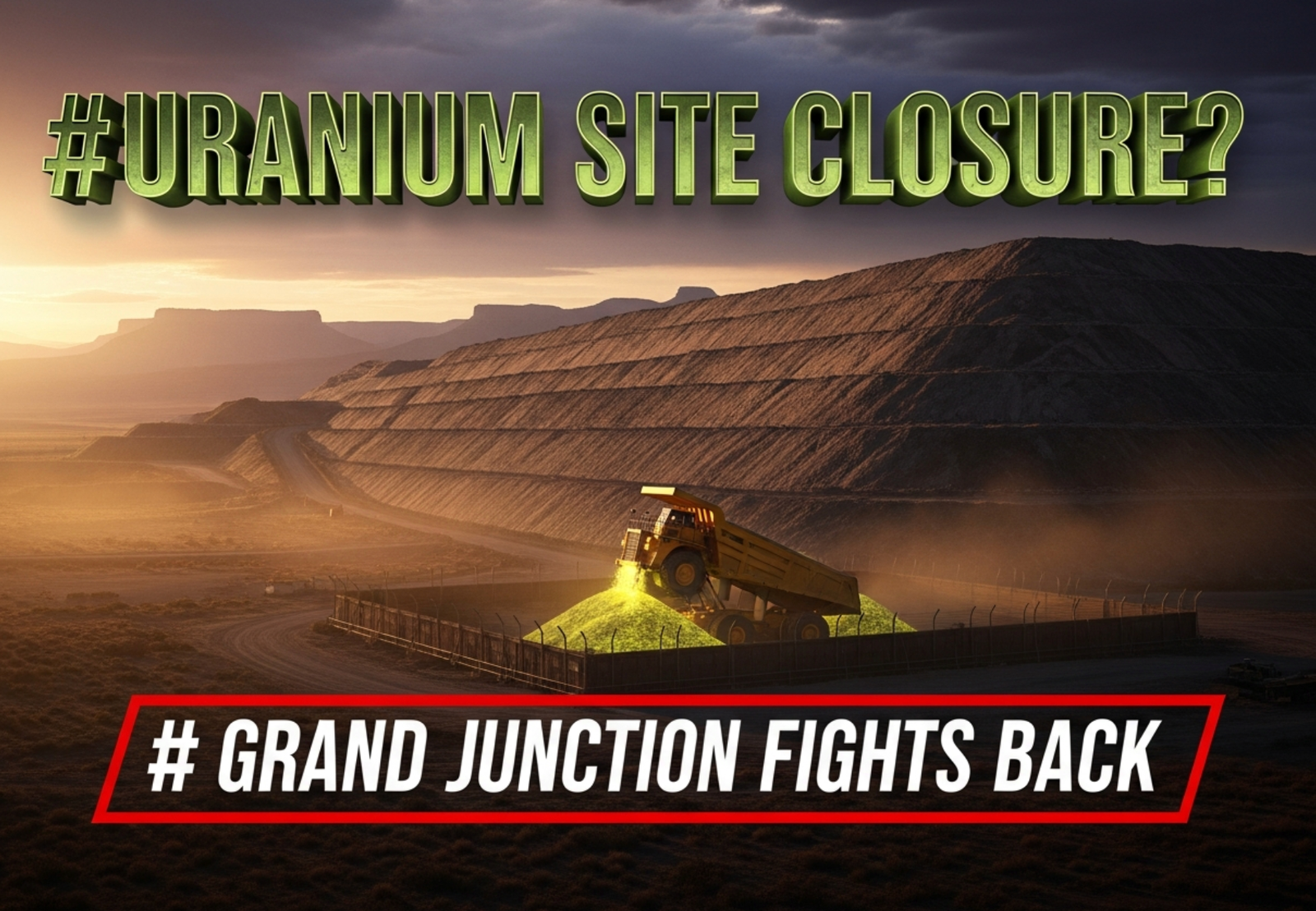 A viral, hyper-realistic YouTube thumbnail with a dramatic environmental-warning atmosphere. The background is a vast Western Colorado desert landscape at golden hour with distant Book Cliffs, subtle dust in the air, and a massive engineered disposal mound rising in the mid-ground under a brooding sky. The composition uses a low-angle cinematic shot to focus on the main subject: a large yellow dump truck unloading glowing yellowish tailings into the secured cell. The image features massive 3D typography with strict hierarchy: The Primary Text reads exactly: 'URANIUM SITE CLOSURE?'. This text is massive, the largest element in the frame, rendered in weathered radioactive-green chrome with subtle pulsing glow effect to look like a high-budget 3D render. The Secondary Text reads exactly: 'Grand Junction Fights Back'. This text is significantly smaller, positioned below the main text with thick red warning-style border and slight motion blur to contrast against the background. The text materials correspond to the story's concept. Crucial Instruction: There is absolutely NO other text, numbers, watermarks, or subtitles in this image other than these two specific lines. 8k, Unreal Engine 5, cinematic render.