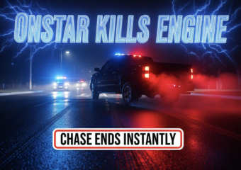 A viral, hyper-realistic YouTube thumbnail with a intense blue-red police lights atmosphere. The background is a dark Montrose neighborhood street at night with blurred headlights and wet pavement reflecting emergency lights. The composition uses a low dashcam-style angle to focus on the main subject: a black pickup truck rolling to a sudden stop with brake lights glowing. The image features massive 3D typography with strict hierarchy: The Primary Text reads exactly: 'ONSTAR KILLS ENGINE'. This text is massive, the largest element in the frame, rendered in glowing electric blue chrome with pulsing energy effect to look like a high-budget 3D render. The Secondary Text reads exactly: 'CHASE ENDS INSTANTLY'. This text is significantly smaller, positioned below the main text. It features a thick, bright red sticker-style border with white outline to contrast against the dark background. Make sure text 2 is always different theme, style, effect and border compared to text 1. The text materials correspond to the story's concept. Crucial Instruction: There is absolutely NO other text, numbers, watermarks, or subtitles in this image other than these two specific lines. 8k, Unreal Engine 5, cinematic render