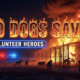 A viral, hyper-realistic YouTube thumbnail with a dramatic fiery orange and deep midnight blue atmosphere. The background is a raging kennel fire at night on the Colorado plains with massive flames shooting into the sky and thick black smoke, emergency lights flashing red and blue across snow-dusted ground. The composition uses a dramatic low angle to focus on the main subject: a scorched metal kennel gate twisted open with rescued hunting dogs running toward safety in the foreground. The image features massive 3D typography with strict hierarchy: The Primary Text reads exactly: '30 DOGS SAVED'. This text is massive, the largest element in the frame, rendered in burning molten metal with glowing embers and real fire particles. The Secondary Text reads exactly: 'VOLUNTEER HEROES'. This text is significantly smaller, positioned below the main text with a thick white outline and electric blue glow border to cut through the smoke. 8k, Unreal Engine 5, cinematic render