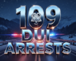 A viral, hyper-realistic YouTube thumbnail with a dramatic police enforcement atmosphere. The background is a dark Colorado mountain highway at night with flashing red and blue police lights cutting through falling snow. The composition uses a low-angle shot to focus on the main subject: a gleaming Colorado State Patrol badge floating in the foreground. The image features massive 3D typography with strict hierarchy: The Primary Text reads exactly: '109 DUI ARRESTS'. This text is massive, the largest element in the frame, rendered in molten police-blue chrome with glowing edges to look like a high-budget 3D render. The Secondary Text reads exactly: 'ZERO DEATHS'. This text is significantly smaller, positioned below the main text. It features a thick, bold white border with red outline sticker style to contrast against the dark background. The text materials correspond to the story's concept. Crucial Instruction: There is absolutely NO other text, numbers, watermarks, or subtitles in this image other than these two specific lines. 8k, Unreal Engine 5, cinematic render