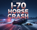 A viral, hyper-realistic YouTube thumbnail with a dramatic midnight highway atmosphere. The background is a dark snow-dusted Interstate 70 near Fruita with emergency lights flashing red and blue across the pavement. The composition uses a low dramatic camera angle to focus on the main subject: an upside-down wrecked sedan in the median with a dead horse nearby. The image features massive 3D typography with strict hierarchy: The Primary Text reads exactly: 'I-70 HORSE CRASH'. This text is massive, the largest element in the frame, rendered in glowing red chrome to look like a high-budget 3D render. The Secondary Text reads exactly: 'Driver Critical'. This text is significantly smaller, positioned below the main text. It features a thick white border with red glow outline to contrast against the dark background. Make sure text 2 is always different theme, style, effect and border compared to text 1. The text materials correspond to the story's concept. Crucial Instruction: There is absolutely NO other text, numbers, watermarks, or subtitles in this image other than these two specific lines. 8k, Unreal Engine 5, cinematic render.
