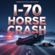 A viral, hyper-realistic YouTube thumbnail with a dramatic midnight highway atmosphere. The background is a dark snow-dusted Interstate 70 near Fruita with emergency lights flashing red and blue across the pavement. The composition uses a low dramatic camera angle to focus on the main subject: an upside-down wrecked sedan in the median with a dead horse nearby. The image features massive 3D typography with strict hierarchy: The Primary Text reads exactly: 'I-70 HORSE CRASH'. This text is massive, the largest element in the frame, rendered in glowing red chrome to look like a high-budget 3D render. The Secondary Text reads exactly: 'Driver Critical'. This text is significantly smaller, positioned below the main text. It features a thick white border with red glow outline to contrast against the dark background. Make sure text 2 is always different theme, style, effect and border compared to text 1. The text materials correspond to the story's concept. Crucial Instruction: There is absolutely NO other text, numbers, watermarks, or subtitles in this image other than these two specific lines. 8k, Unreal Engine 5, cinematic render.