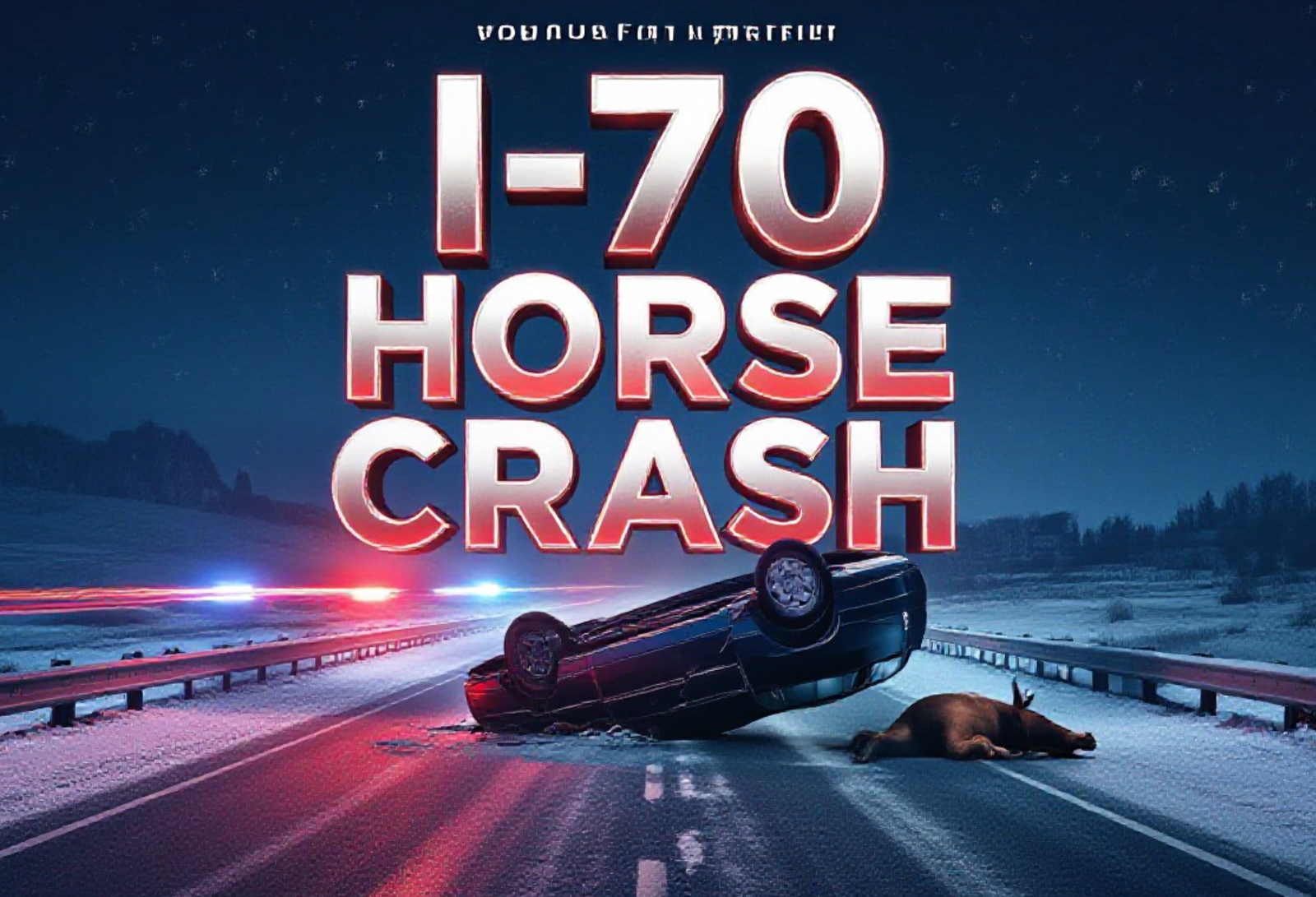 A viral, hyper-realistic YouTube thumbnail with a dramatic midnight highway atmosphere. The background is a dark snow-dusted Interstate 70 near Fruita with emergency lights flashing red and blue across the pavement. The composition uses a low dramatic camera angle to focus on the main subject: an upside-down wrecked sedan in the median with a dead horse nearby. The image features massive 3D typography with strict hierarchy: The Primary Text reads exactly: 'I-70 HORSE CRASH'. This text is massive, the largest element in the frame, rendered in glowing red chrome to look like a high-budget 3D render. The Secondary Text reads exactly: 'Driver Critical'. This text is significantly smaller, positioned below the main text. It features a thick white border with red glow outline to contrast against the dark background. Make sure text 2 is always different theme, style, effect and border compared to text 1. The text materials correspond to the story's concept. Crucial Instruction: There is absolutely NO other text, numbers, watermarks, or subtitles in this image other than these two specific lines. 8k, Unreal Engine 5, cinematic render.