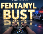 A viral, hyper-realistic YouTube thumbnail with a dark, high-contrast crime atmosphere. The background is a rainy night street in Clifton Colorado with red and blue police lights flashing across wet pavement and suburban houses. The composition uses a dramatic low angle to focus on the main subject: a pair of handcuffed wrists resting on the hood of a sheriff cruiser with seized fentanyl pills and meth scattered nearby. The image features massive 3D typography with strict hierarchy: The Primary Text reads exactly: 'FENTANYL BUST'. This text is massive, the largest element in the frame, rendered in glowing electric blue chrome to look like a high-budget 3D render. The Secondary Text reads exactly: 'CLIFTON ARREST'. This text is significantly smaller, positioned below the main text. It features a thick, warning-tape yellow border/outline to contrast against the dark background. Make sure text 2 is always different theme, style, effect and border compared to text 1. The text materials correspond to the story's concept. Crucial Instruction: There is absolutely NO other text, numbers, watermarks, or subtitles in this image other than these two specific lines. 8k, Unreal Engine 5, cinematic render