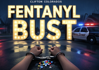A viral, hyper-realistic YouTube thumbnail with a dark, high-contrast crime atmosphere. The background is a rainy night street in Clifton Colorado with red and blue police lights flashing across wet pavement and suburban houses. The composition uses a dramatic low angle to focus on the main subject: a pair of handcuffed wrists resting on the hood of a sheriff cruiser with seized fentanyl pills and meth scattered nearby. The image features massive 3D typography with strict hierarchy: The Primary Text reads exactly: 'FENTANYL BUST'. This text is massive, the largest element in the frame, rendered in glowing electric blue chrome to look like a high-budget 3D render. The Secondary Text reads exactly: 'CLIFTON ARREST'. This text is significantly smaller, positioned below the main text. It features a thick, warning-tape yellow border/outline to contrast against the dark background. Make sure text 2 is always different theme, style, effect and border compared to text 1. The text materials correspond to the story's concept. Crucial Instruction: There is absolutely NO other text, numbers, watermarks, or subtitles in this image other than these two specific lines. 8k, Unreal Engine 5, cinematic render