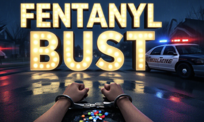 A viral, hyper-realistic YouTube thumbnail with a dark, high-contrast crime atmosphere. The background is a rainy night street in Clifton Colorado with red and blue police lights flashing across wet pavement and suburban houses. The composition uses a dramatic low angle to focus on the main subject: a pair of handcuffed wrists resting on the hood of a sheriff cruiser with seized fentanyl pills and meth scattered nearby. The image features massive 3D typography with strict hierarchy: The Primary Text reads exactly: 'FENTANYL BUST'. This text is massive, the largest element in the frame, rendered in glowing electric blue chrome to look like a high-budget 3D render. The Secondary Text reads exactly: 'CLIFTON ARREST'. This text is significantly smaller, positioned below the main text. It features a thick, warning-tape yellow border/outline to contrast against the dark background. Make sure text 2 is always different theme, style, effect and border compared to text 1. The text materials correspond to the story's concept. Crucial Instruction: There is absolutely NO other text, numbers, watermarks, or subtitles in this image other than these two specific lines. 8k, Unreal Engine 5, cinematic render