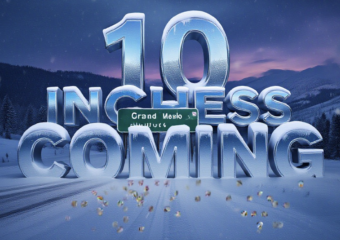 A viral, hyper-realistic YouTube thumbnail with a dramatic winter storm atmosphere. The background is a dark, moody Colorado Rocky Mountain landscape with heavy snow falling over the Grand Mesa at dusk with purple-blue twilight lighting. The composition uses a low dramatic camera angle to focus on the main subject: a snow-covered Colorado highway sign for Grand Junction and Grand Mesa buried under fresh powder. The image features massive 3D typography with strict hierarchy: The Primary Text reads exactly: '10 INCHES COMING'. This text is massive, the largest element in the frame, rendered in icy blue chrome with frosted glass effect to look like a high-budget 3D render. The Secondary Text reads exactly: 'Western Colorado Storm'. This text is significantly smaller, positioned below the main text. It features a thick, glowing orange border/outline (sticker style) to contrast against the cold background. Make sure text 2 is always different theme, style, effect and border compared to text 1. The text materials correspond to the story's concept. Crucial Instruction: There is absolutely NO other text, numbers, watermarks, or subtitles in this image other than these two specific lines. 8k, Unreal Engine 5, cinematic render