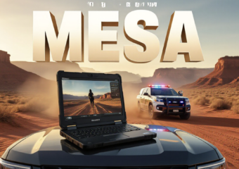 A viral, hyper-realistic YouTube thumbnail with a high-tech desert law enforcement atmosphere. The background is a dramatic Western Colorado red-rock canyon at golden hour with a Mesa County Sheriff patrol truck kicking up dust in the distance, emergency lights flashing. The composition uses a low-angle cinematic shot to focus on the main subject: a rugged Panasonic TOUGHBOOK 55 laptop dramatically open on the hood of a sheriff SUV, screen glowing bright with body-cam footage playing. The image features massive 3D typography with strict hierarchy: The Primary Text reads exactly: 'MESA COUNTY'. This text is massive, the largest element in the frame, rendered in brushed gunmetal chrome with orange emergency-light reflections to look like a high-budget 3D render. The Secondary Text reads exactly: 'DROPS $764K ON 5G'. This text is significantly smaller, positioned below the main text. It features a thick, glowing neon-orange border/outline (sticker style) to contrast against the desert background. Make sure text 2 is always different theme, style, effect and border compared to text 1. The text materials correspond to the story's concept. Crucial Instruction: There is absolutely NO other text, numbers, watermarks, or subtitles in this image other than these two specific lines. 8k, Unreal Engine 5, cinematic render