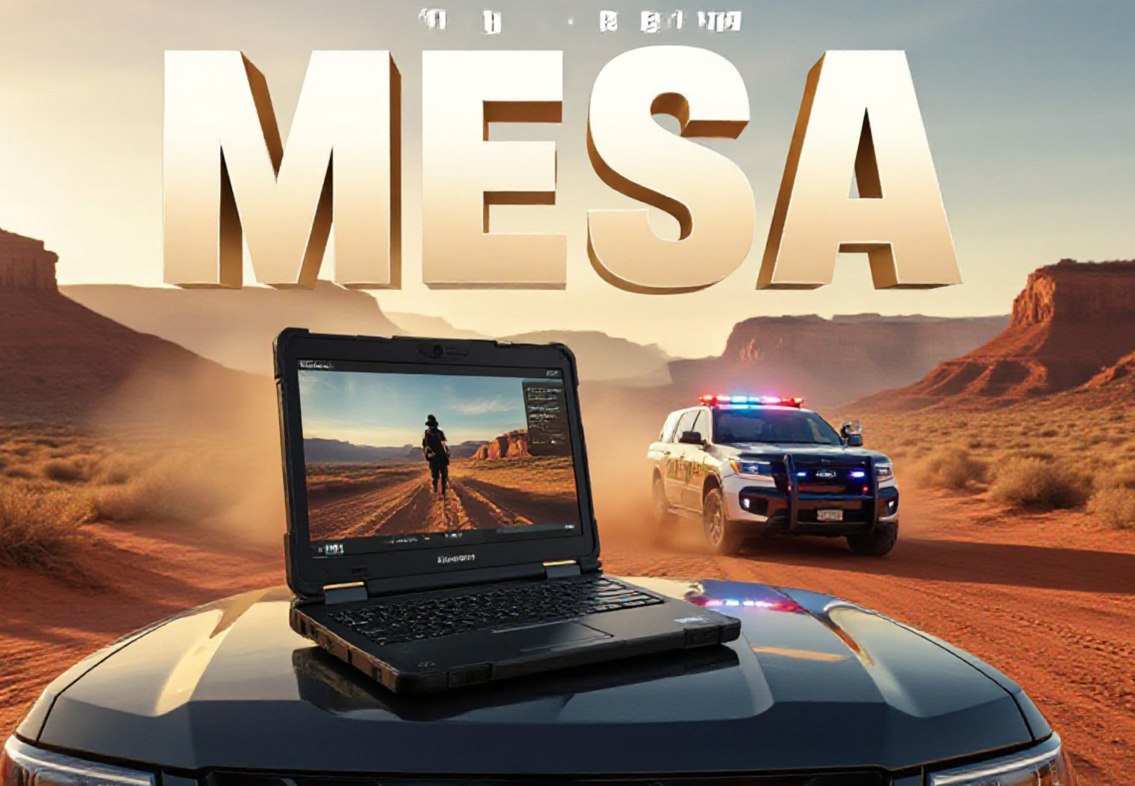 A viral, hyper-realistic YouTube thumbnail with a high-tech desert law enforcement atmosphere. The background is a dramatic Western Colorado red-rock canyon at golden hour with a Mesa County Sheriff patrol truck kicking up dust in the distance, emergency lights flashing. The composition uses a low-angle cinematic shot to focus on the main subject: a rugged Panasonic TOUGHBOOK 55 laptop dramatically open on the hood of a sheriff SUV, screen glowing bright with body-cam footage playing. The image features massive 3D typography with strict hierarchy: The Primary Text reads exactly: 'MESA COUNTY'. This text is massive, the largest element in the frame, rendered in brushed gunmetal chrome with orange emergency-light reflections to look like a high-budget 3D render. The Secondary Text reads exactly: 'DROPS $764K ON 5G'. This text is significantly smaller, positioned below the main text. It features a thick, glowing neon-orange border/outline (sticker style) to contrast against the desert background. Make sure text 2 is always different theme, style, effect and border compared to text 1. The text materials correspond to the story's concept. Crucial Instruction: There is absolutely NO other text, numbers, watermarks, or subtitles in this image other than these two specific lines. 8k, Unreal Engine 5, cinematic render