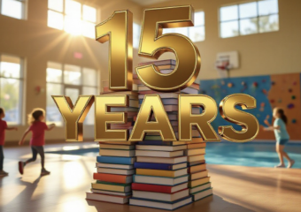 A viral, hyper-realistic YouTube thumbnail with a warm, golden-hour community atmosphere. The background is the sunlit lobby of Fruita Community Center with blurred kids running toward the climbing wall and pool light dancing on the floor. The composition uses a low-angle cinematic shot to focus on the main subject: a towering stack of colorful library books morphing into a basketball hoop. The image features massive 3D typography with strict hierarchy: The Primary Text reads exactly: '15 YEARS'. This text is massive, the largest element in the frame, rendered in polished gold chrome with subtle light flares to look like a high-budget 3D render. The Secondary Text reads exactly: 'Fruita Library + Rec Center'. This text is significantly smaller, positioned below the main text. It features a thick white sticker-style outline with slight red glow to contrast against the background. The text materials correspond to the story's concept. Crucial Instruction: There is absolutely NO other text, numbers, watermarks, or subtitles in this image other than these two specific lines. 8k, Unreal Engine 5, cinematic render.