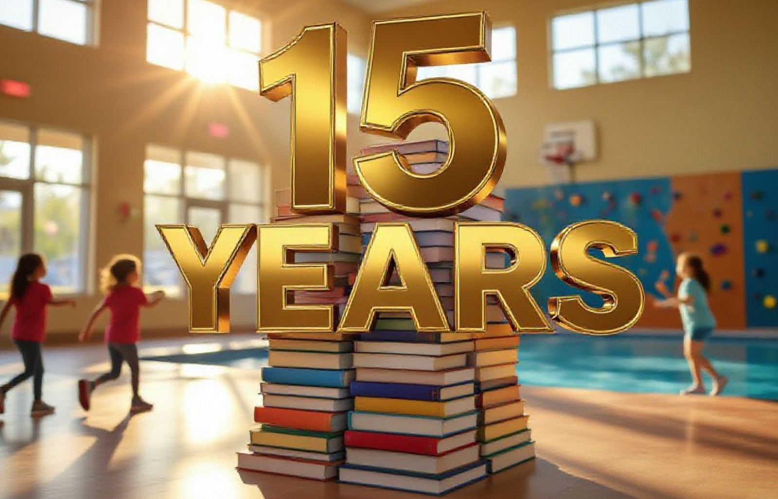 A viral, hyper-realistic YouTube thumbnail with a warm, golden-hour community atmosphere. The background is the sunlit lobby of Fruita Community Center with blurred kids running toward the climbing wall and pool light dancing on the floor. The composition uses a low-angle cinematic shot to focus on the main subject: a towering stack of colorful library books morphing into a basketball hoop. The image features massive 3D typography with strict hierarchy: The Primary Text reads exactly: '15 YEARS'. This text is massive, the largest element in the frame, rendered in polished gold chrome with subtle light flares to look like a high-budget 3D render. The Secondary Text reads exactly: 'Fruita Library + Rec Center'. This text is significantly smaller, positioned below the main text. It features a thick white sticker-style outline with slight red glow to contrast against the background. The text materials correspond to the story's concept. Crucial Instruction: There is absolutely NO other text, numbers, watermarks, or subtitles in this image other than these two specific lines. 8k, Unreal Engine 5, cinematic render.