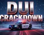 A viral, hyper-realistic YouTube thumbnail with a tense law-enforcement night atmosphere. The background is a dark Colorado highway at night with heavy snow falling and intense red-blue police lights flashing everywhere. The composition uses a dramatic low-angle shot to focus on the main subject: a Colorado State Patrol cruiser with emergency lights blazing, positioned diagonally across the frame like it's blocking the road. The image features massive 3D typography with strict hierarchy: The Primary Text reads exactly: 'DUI CRACKDOWN'. This text is massive, the largest element in the frame, rendered in glowing neon-red chrome with pulsing police-light reflections. The Secondary Text reads exactly: 'BIG GAME WEEKEND'. This text is significantly smaller, positioned below the main text with a thick white outline and blue glow border to pop against the dark background. Make sure text 2 is always different theme, style, effect and border compared to text 1. The text materials correspond to the story's concept. Crucial Instruction: There is absolutely NO other text, numbers, watermarks, or subtitles in this image other than these two specific lines. 8k, Unreal Engine 5, cinematic render