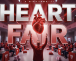 A viral, hyper-realistic YouTube thumbnail with a powerful red health awareness atmosphere. The background is a bustling hospital community hall filled with red-shirted attendees, screening stations, CPR mannequins, and sugar cube displays under dramatic red and white lighting. The composition uses a dynamic low-angle shot to focus on the main subject: a glowing anatomical heart model being held up triumphantly. The image features massive 3D typography with strict hierarchy: The Primary Text reads exactly: 'HEART FAIR'. This text is massive, the largest element in the frame, rendered in pulsing red chrome with realistic heartbeat glow effect to look like a high-budget 3D render. The Secondary Text reads exactly: 'FIGHTS #1 KILLER'. This text is significantly smaller, positioned below the main text with electric blue outline and subtle shockwave effect. The text materials correspond to the story's concept. Crucial Instruction: There is absolutely NO other text, numbers, watermarks, or subtitles in this image other than these two specific lines. 8k, Unreal Engine 5, cinematic render