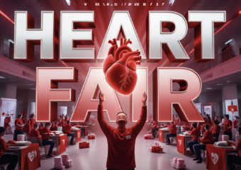 A viral, hyper-realistic YouTube thumbnail with a powerful red health awareness atmosphere. The background is a bustling hospital community hall filled with red-shirted attendees, screening stations, CPR mannequins, and sugar cube displays under dramatic red and white lighting. The composition uses a dynamic low-angle shot to focus on the main subject: a glowing anatomical heart model being held up triumphantly. The image features massive 3D typography with strict hierarchy: The Primary Text reads exactly: 'HEART FAIR'. This text is massive, the largest element in the frame, rendered in pulsing red chrome with realistic heartbeat glow effect to look like a high-budget 3D render. The Secondary Text reads exactly: 'FIGHTS #1 KILLER'. This text is significantly smaller, positioned below the main text with electric blue outline and subtle shockwave effect. The text materials correspond to the story's concept. Crucial Instruction: There is absolutely NO other text, numbers, watermarks, or subtitles in this image other than these two specific lines. 8k, Unreal Engine 5, cinematic render