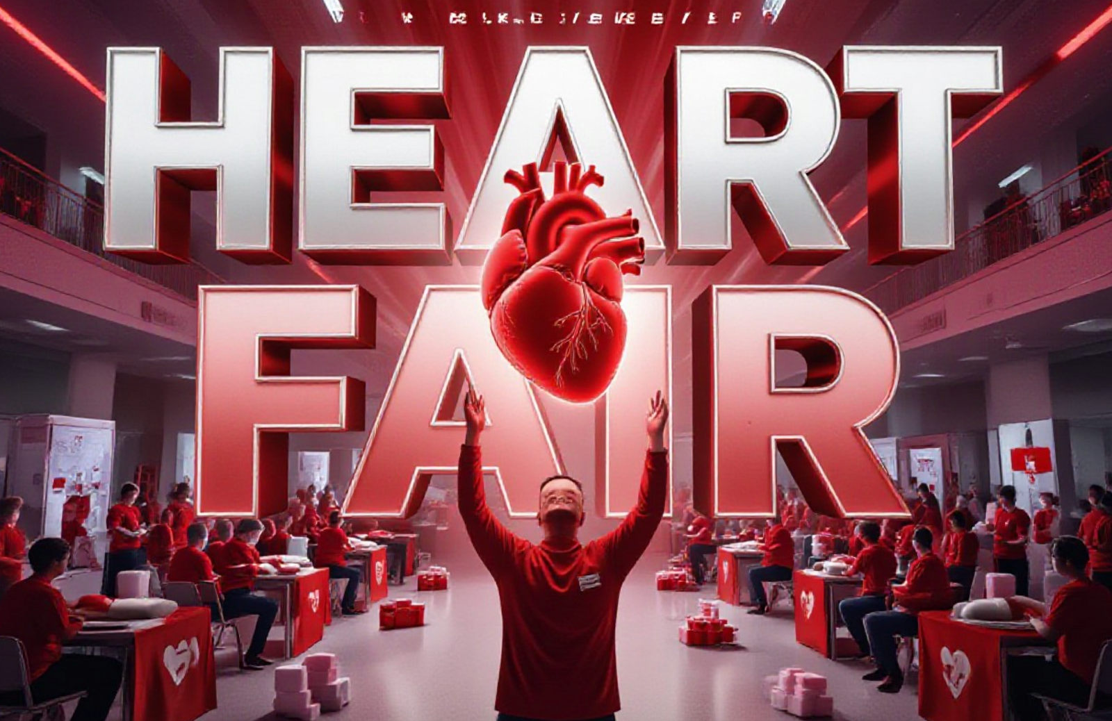 A viral, hyper-realistic YouTube thumbnail with a powerful red health awareness atmosphere. The background is a bustling hospital community hall filled with red-shirted attendees, screening stations, CPR mannequins, and sugar cube displays under dramatic red and white lighting. The composition uses a dynamic low-angle shot to focus on the main subject: a glowing anatomical heart model being held up triumphantly. The image features massive 3D typography with strict hierarchy: The Primary Text reads exactly: 'HEART FAIR'. This text is massive, the largest element in the frame, rendered in pulsing red chrome with realistic heartbeat glow effect to look like a high-budget 3D render. The Secondary Text reads exactly: 'FIGHTS #1 KILLER'. This text is significantly smaller, positioned below the main text with electric blue outline and subtle shockwave effect. The text materials correspond to the story's concept. Crucial Instruction: There is absolutely NO other text, numbers, watermarks, or subtitles in this image other than these two specific lines. 8k, Unreal Engine 5, cinematic render