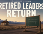 A viral, hyper-realistic YouTube thumbnail with a dramatic cinematic Western vibe. The background is a vast Colorado high-desert landscape at golden hour with distant snow-capped peaks and an empty rural schoolhouse with a single light on inside. The composition uses a low-angle heroic shot to focus on the main subject: a weathered chalkboard standing alone in the foreground with fresh chalk writing. The image features massive 3D typography with strict hierarchy: The Primary Text reads exactly: 'RETIRED LEADERS RETURN'. This text is massive, the largest element in the frame, rendered in glowing white chalk with realistic dust particles and 3D extrusion. The Secondary Text reads exactly: 'Colorado Fights Teacher Crisis'. This text is significantly smaller, positioned below the main text with a bold red sticker-style outline and slight shadow to pop against the landscape. The text materials correspond to the story's concept. Crucial Instruction: There is absolutely NO other text, numbers, watermarks, or subtitles in this image other than these two specific lines. 8k, Unreal Engine 5, cinematic render