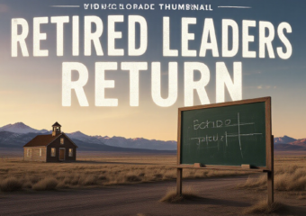 A viral, hyper-realistic YouTube thumbnail with a dramatic cinematic Western vibe. The background is a vast Colorado high-desert landscape at golden hour with distant snow-capped peaks and an empty rural schoolhouse with a single light on inside. The composition uses a low-angle heroic shot to focus on the main subject: a weathered chalkboard standing alone in the foreground with fresh chalk writing. The image features massive 3D typography with strict hierarchy: The Primary Text reads exactly: 'RETIRED LEADERS RETURN'. This text is massive, the largest element in the frame, rendered in glowing white chalk with realistic dust particles and 3D extrusion. The Secondary Text reads exactly: 'Colorado Fights Teacher Crisis'. This text is significantly smaller, positioned below the main text with a bold red sticker-style outline and slight shadow to pop against the landscape. The text materials correspond to the story's concept. Crucial Instruction: There is absolutely NO other text, numbers, watermarks, or subtitles in this image other than these two specific lines. 8k, Unreal Engine 5, cinematic render