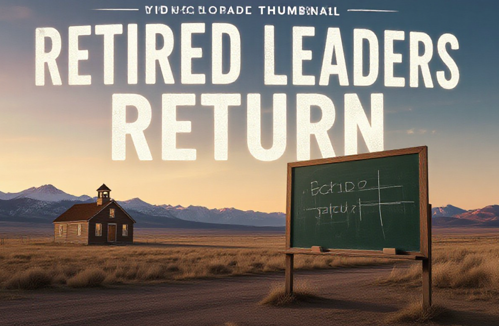 A viral, hyper-realistic YouTube thumbnail with a dramatic cinematic Western vibe. The background is a vast Colorado high-desert landscape at golden hour with distant snow-capped peaks and an empty rural schoolhouse with a single light on inside. The composition uses a low-angle heroic shot to focus on the main subject: a weathered chalkboard standing alone in the foreground with fresh chalk writing. The image features massive 3D typography with strict hierarchy: The Primary Text reads exactly: 'RETIRED LEADERS RETURN'. This text is massive, the largest element in the frame, rendered in glowing white chalk with realistic dust particles and 3D extrusion. The Secondary Text reads exactly: 'Colorado Fights Teacher Crisis'. This text is significantly smaller, positioned below the main text with a bold red sticker-style outline and slight shadow to pop against the landscape. The text materials correspond to the story's concept. Crucial Instruction: There is absolutely NO other text, numbers, watermarks, or subtitles in this image other than these two specific lines. 8k, Unreal Engine 5, cinematic render